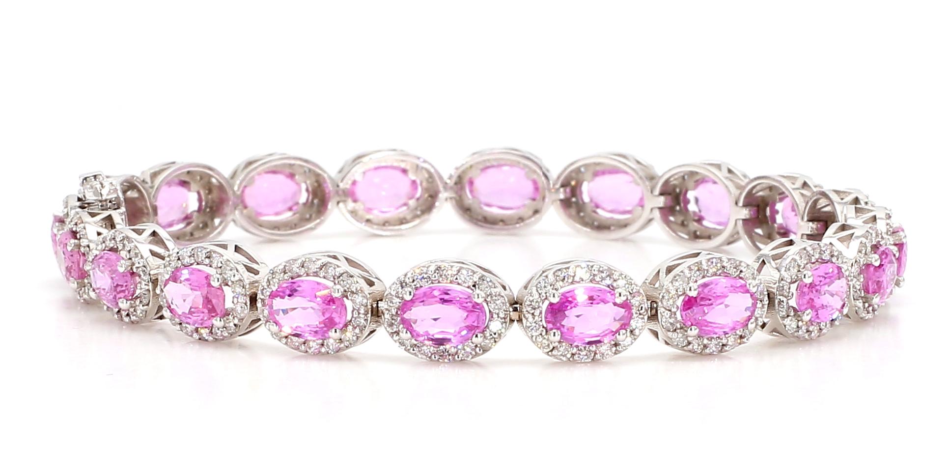 Bracelet à maillons 14 carats avec saphirs roses ovales et halo de diamants 10,40 carats en vente 2