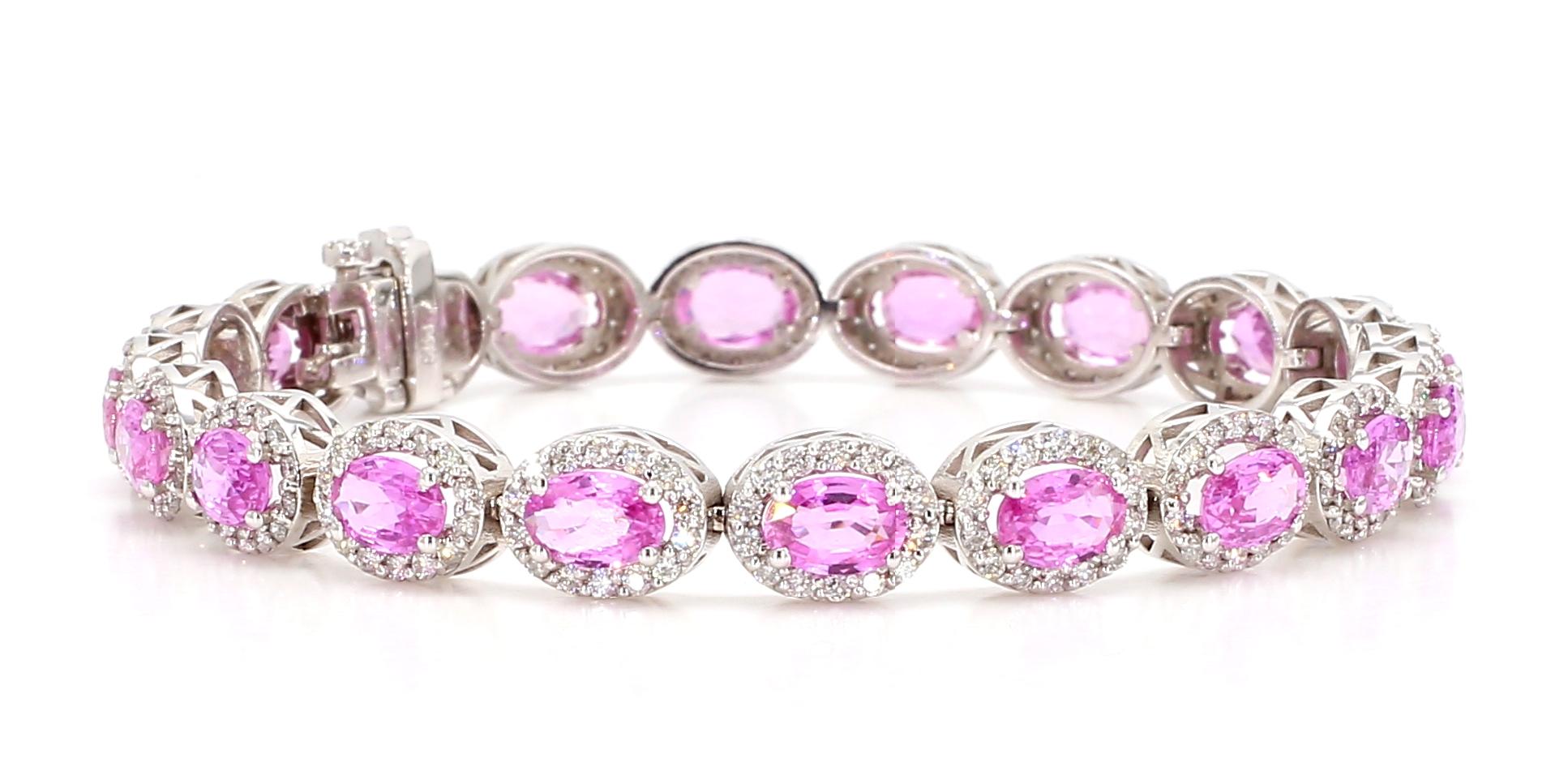 Bracelet à maillons 14 carats avec saphirs roses ovales et halo de diamants 10,40 carats en vente 3