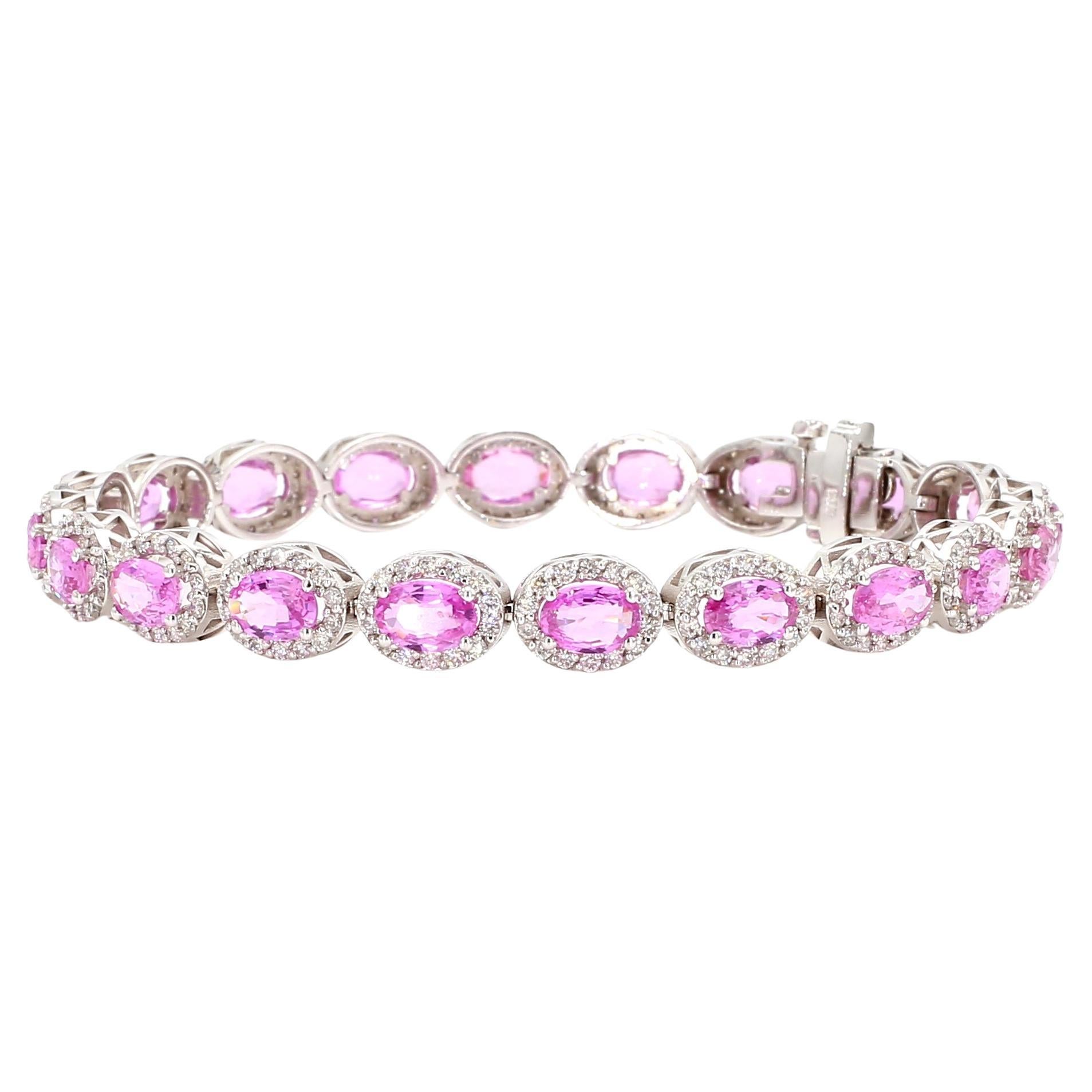 Bracelet à maillons 14 carats avec saphirs roses ovales et halo de diamants 10,40 carats en vente