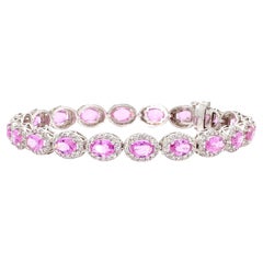 Bracelet à maillons 14 carats avec saphirs roses ovales et halo de diamants 10,40 carats