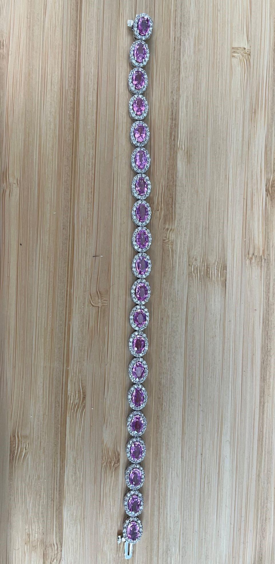 Pink Sapphire Ovals with Diamond Halo Bracelet 14K Link Bracelet 10.40 CT Sapph For Sale 6