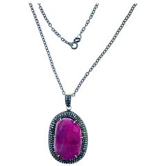 Pink Sapphire Oxidize Silver 14 Karat Gold Champagne Diamond Pendant Necklace