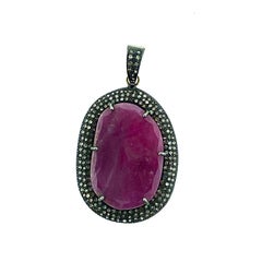 Pink Sapphire Oxidize Silver 14 Karat Gold Champagne Diamond Pendant Necklace