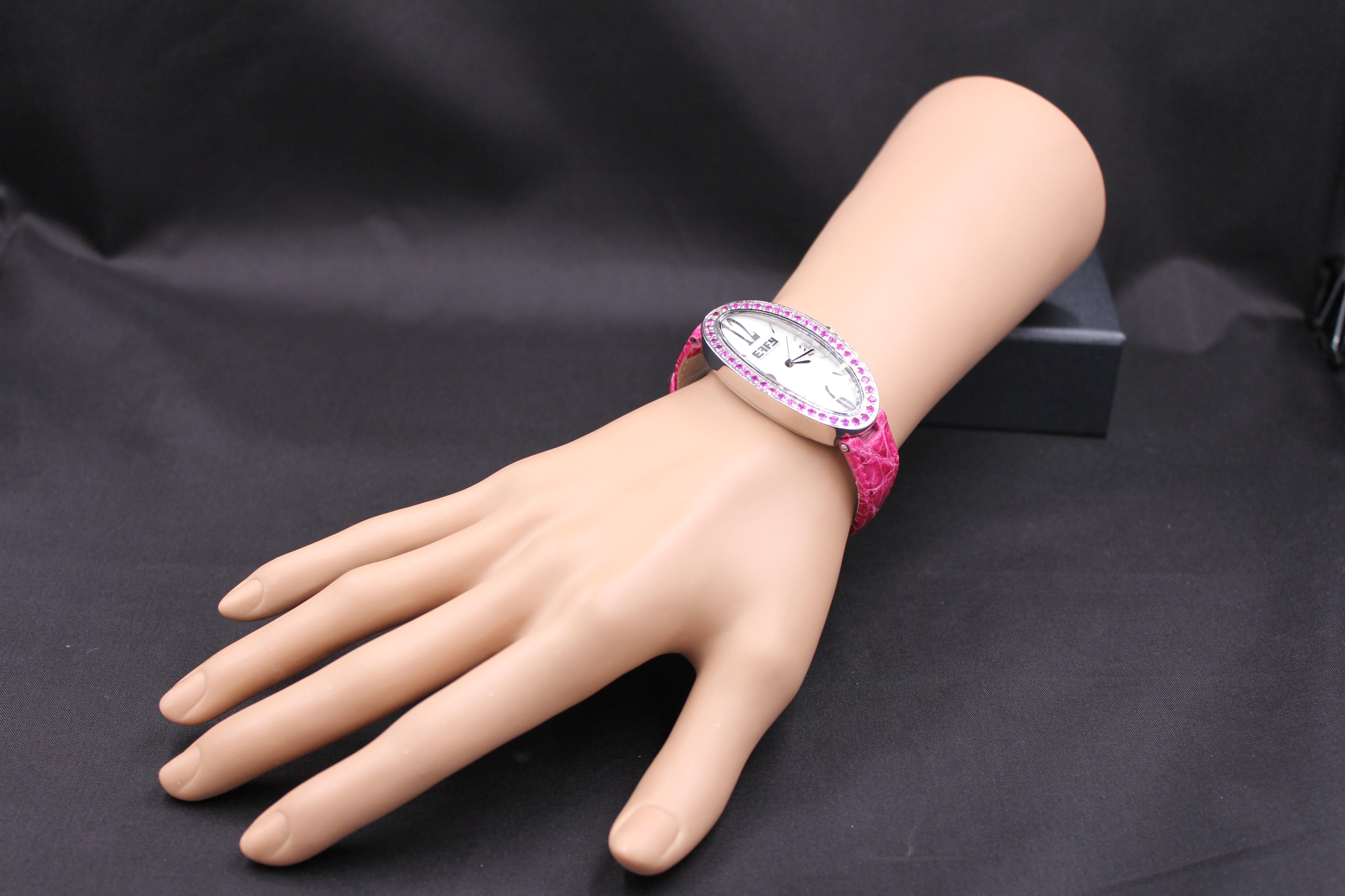 Mixed Cut Pink Sapphire Pave Dial Luxury Swiss Quartz Exotic Leather Band Watch For Sale