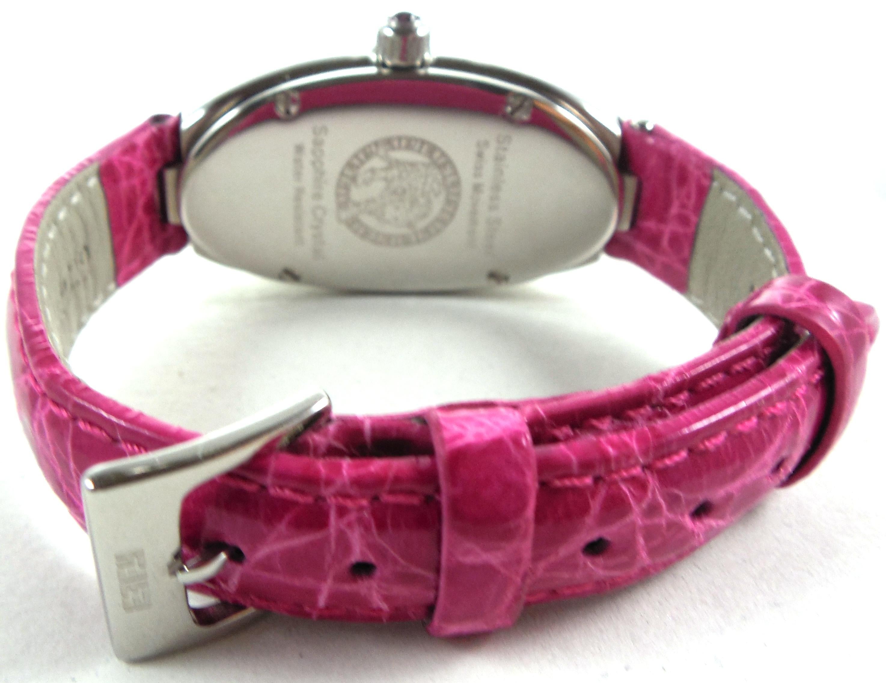 Exotische Lederbanduhr mit rosa Saphir und Pav-Zifferblatt aus Schweizer Quarz Damen im Angebot