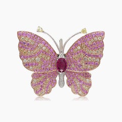 Pink Sapphire Pave & Diamonds Butterfly Rose Gold Statement Animal Pin Brooch
