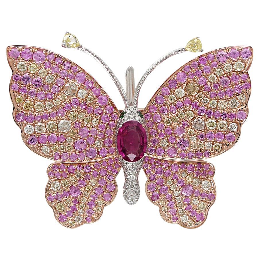 Broche animalière en or rose avec saphir rose, pavé et diamants Butterfly