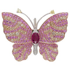 Broche animalière en or rose avec saphir rose, pavé et diamants Butterfly