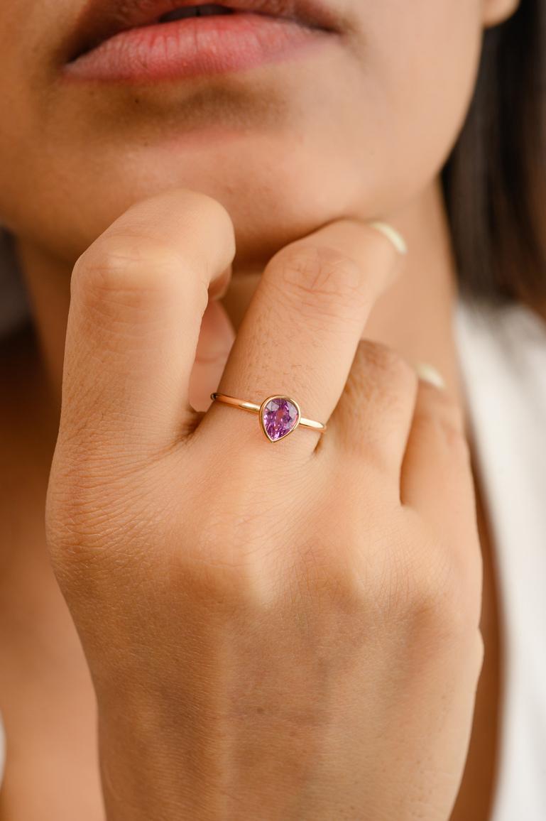 For Sale:  Pink Sapphire Pear Cut Dainty Solitaire Ring in 18K Yellow Gold 2