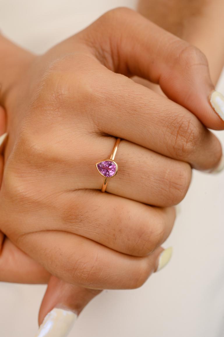 For Sale:  Pink Sapphire Pear Cut Dainty Solitaire Ring in 18K Yellow Gold 4