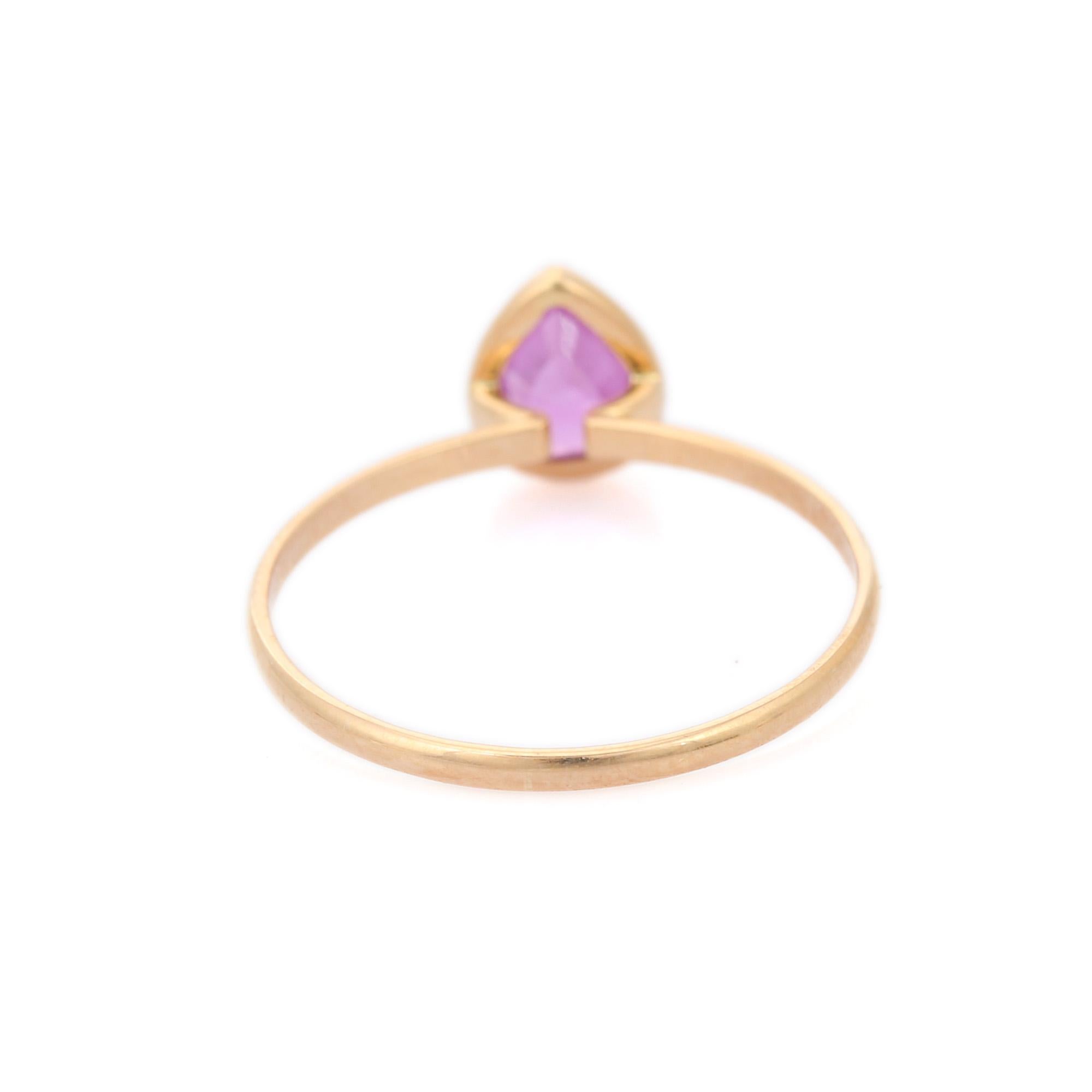 For Sale:  Pink Sapphire Pear Cut Dainty Solitaire Ring in 18K Yellow Gold 7