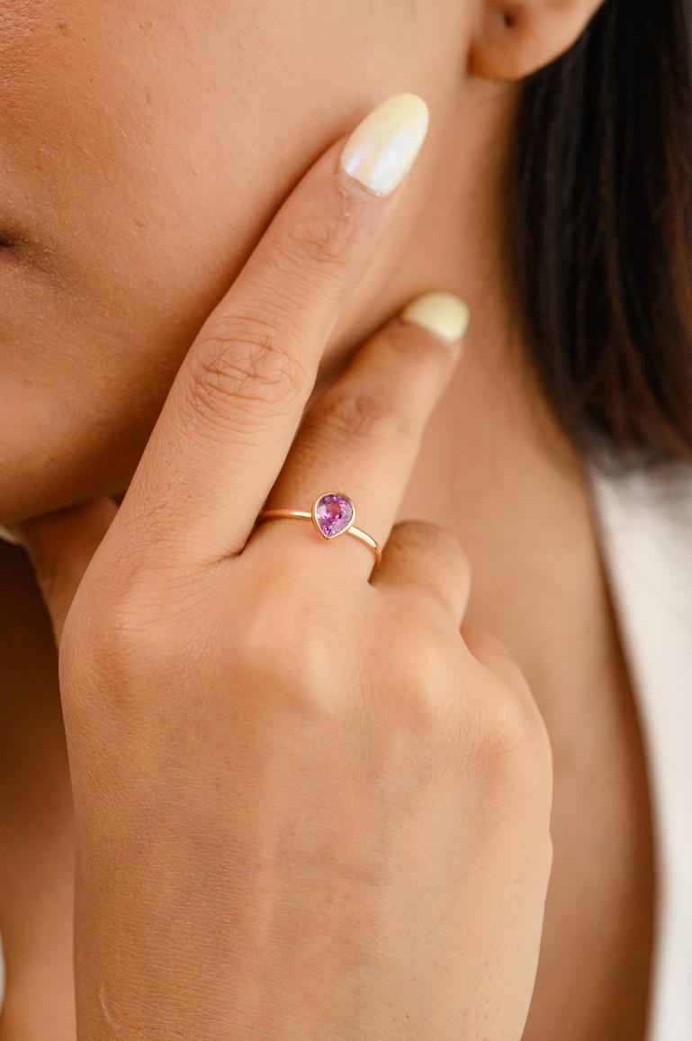 For Sale:  Pink Sapphire Pear Cut Dainty Solitaire Ring in 18K Yellow Gold 6