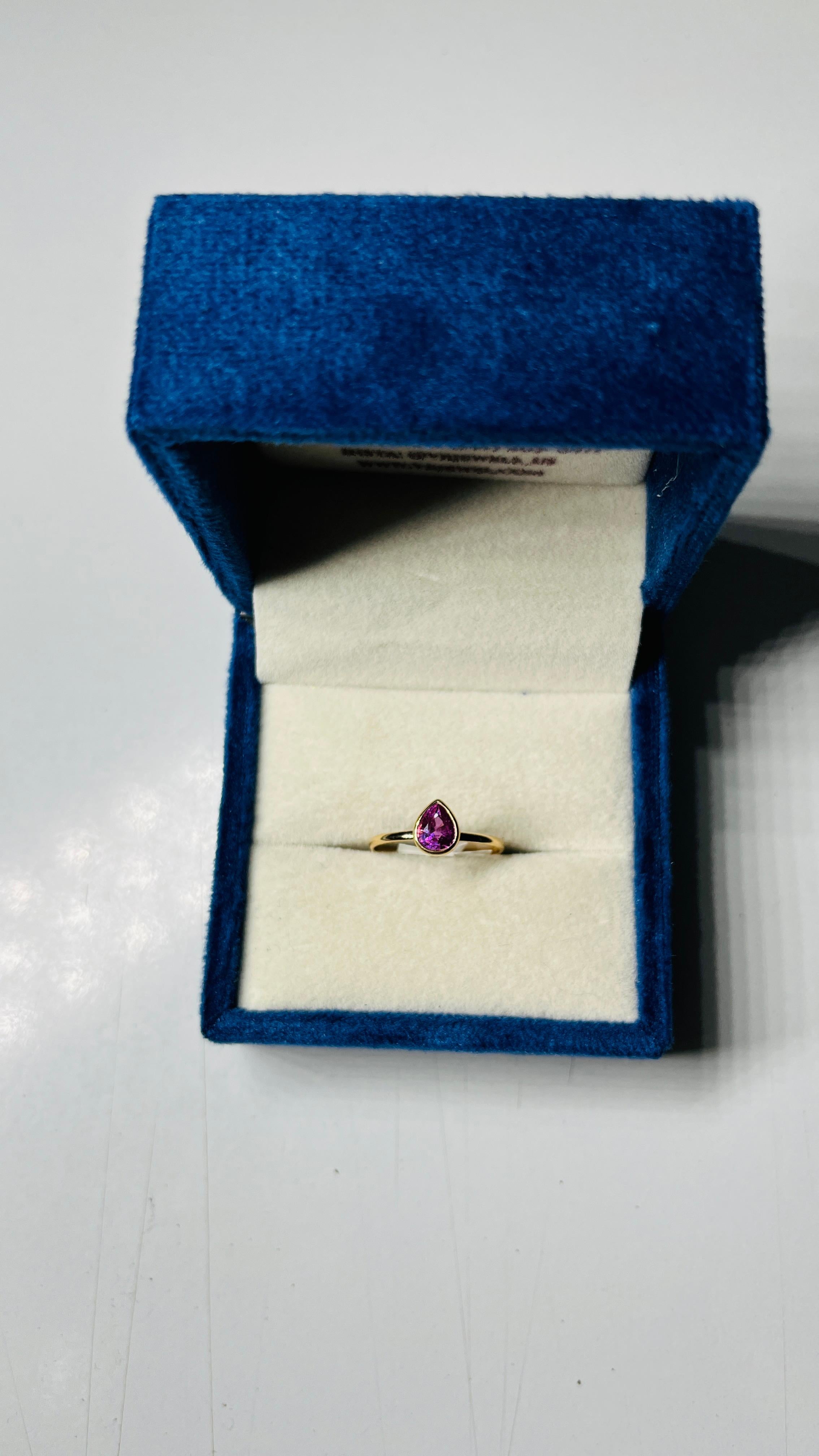 For Sale:  Pink Sapphire Pear Cut Dainty Solitaire Ring in 18K Yellow Gold 8