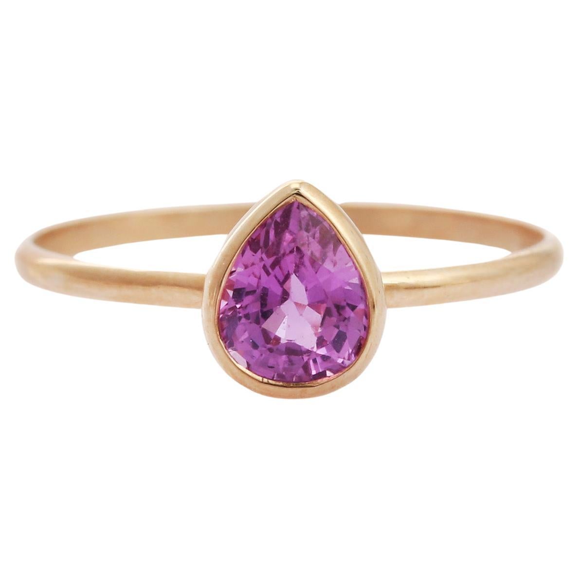 For Sale:  Pink Sapphire Pear Cut Dainty Solitaire Ring in 18K Yellow Gold