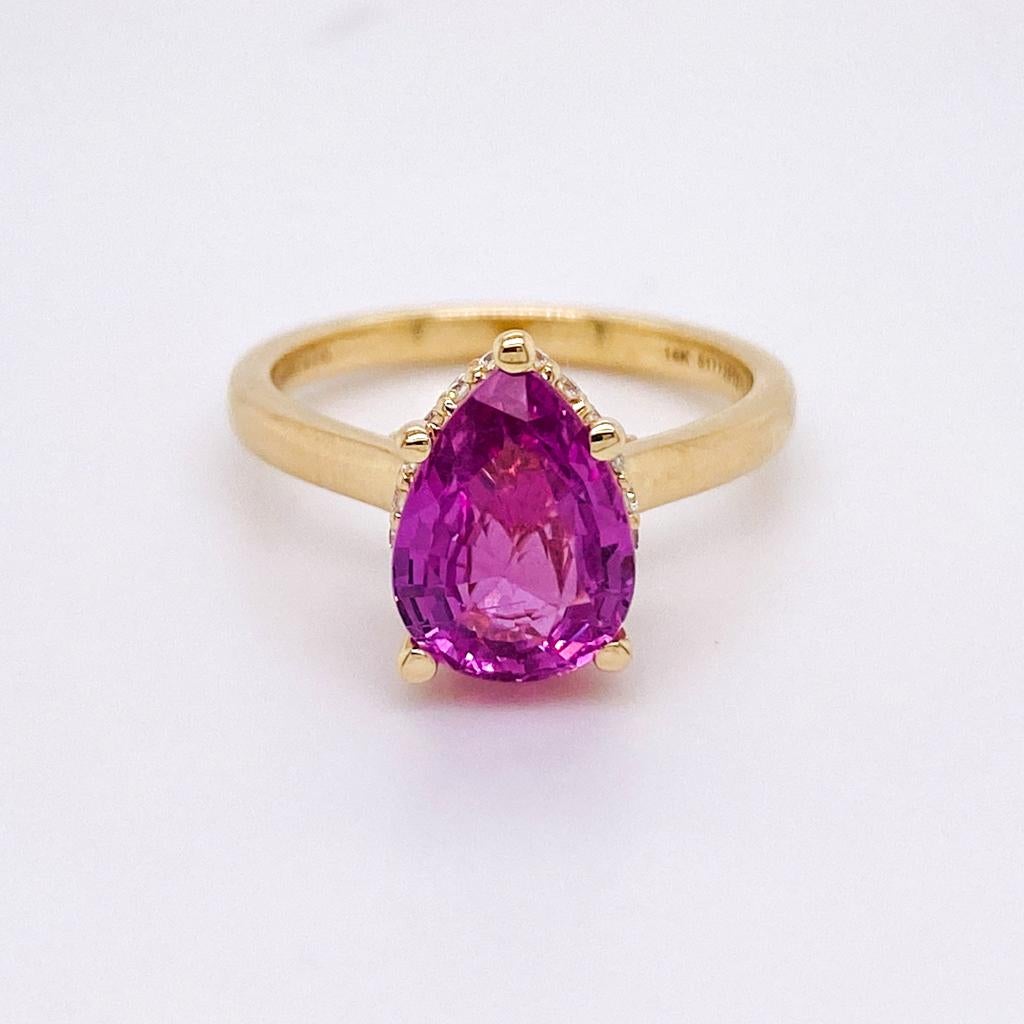 Contemporary Pink Sapphire Pear with Hidden Halo 14K Yellow Gold Engagement Ring For Sale