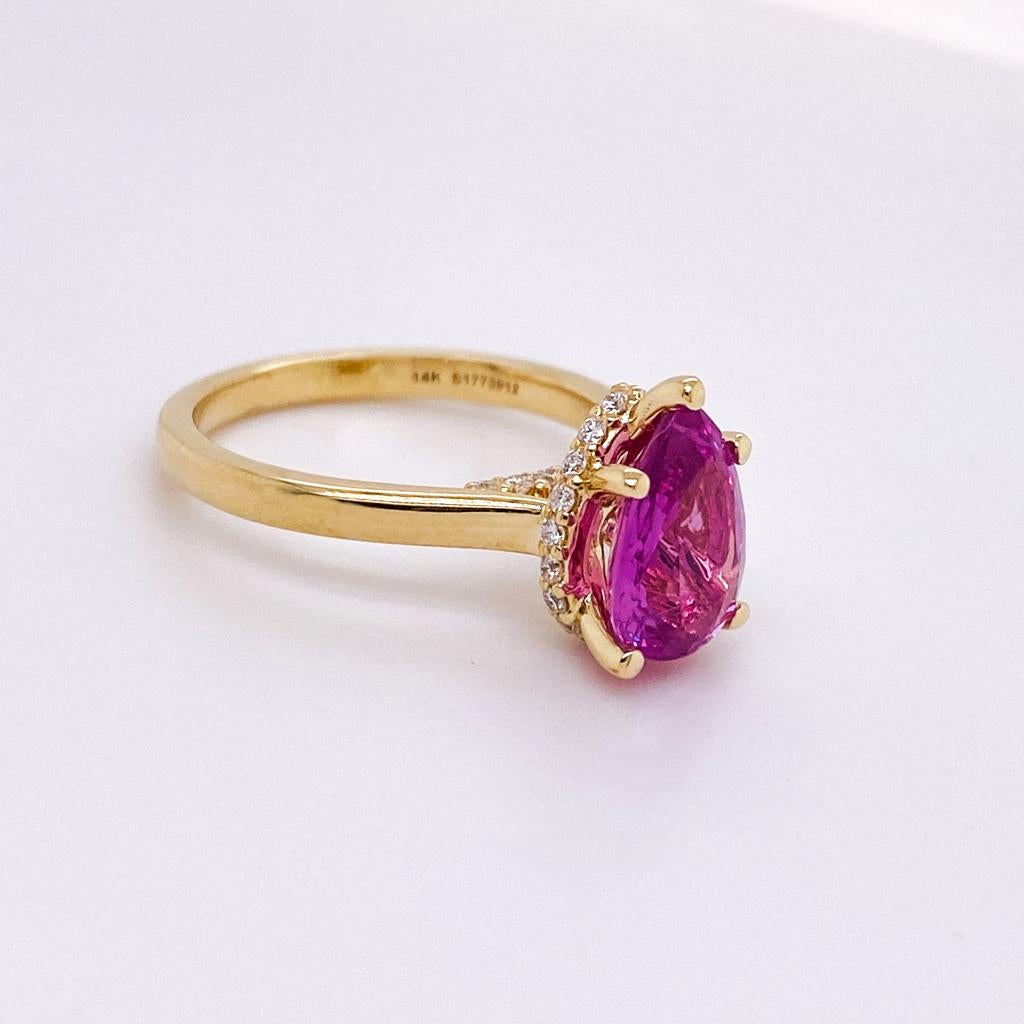 Pear Cut Pink Sapphire Pear with Hidden Halo 14K Yellow Gold Engagement Ring For Sale