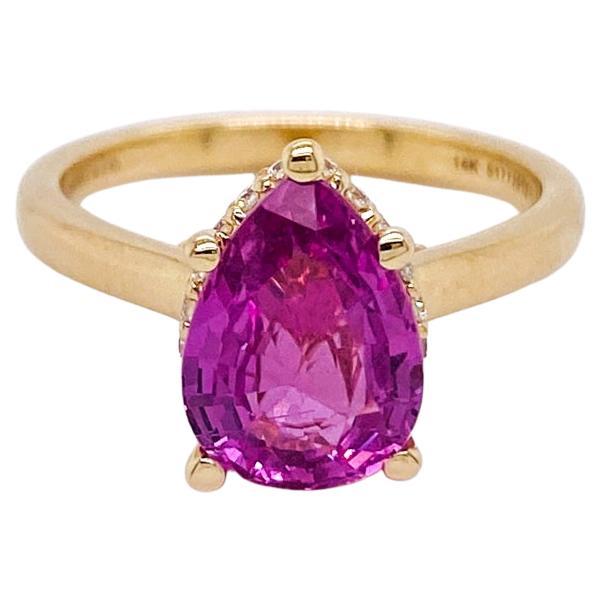 Pink Sapphire Pear with Hidden Halo 14K Yellow Gold Engagement Ring For Sale