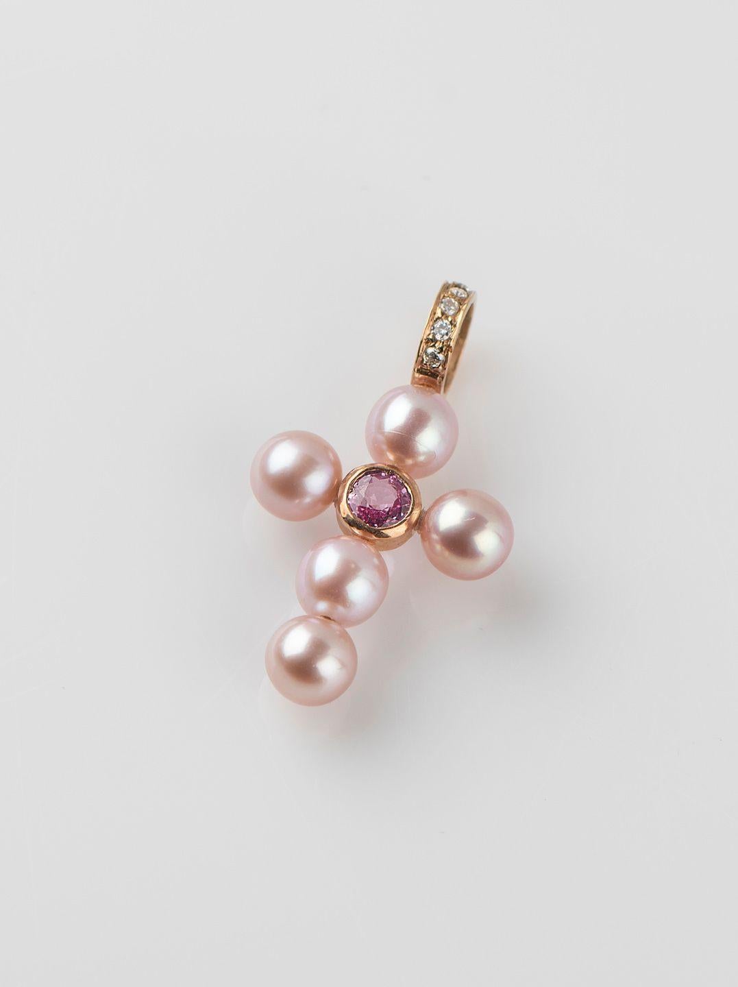 Round Cut Pink Sapphire and Diamonds Pink Pearl Cross Charm, 18K Gold For Sale