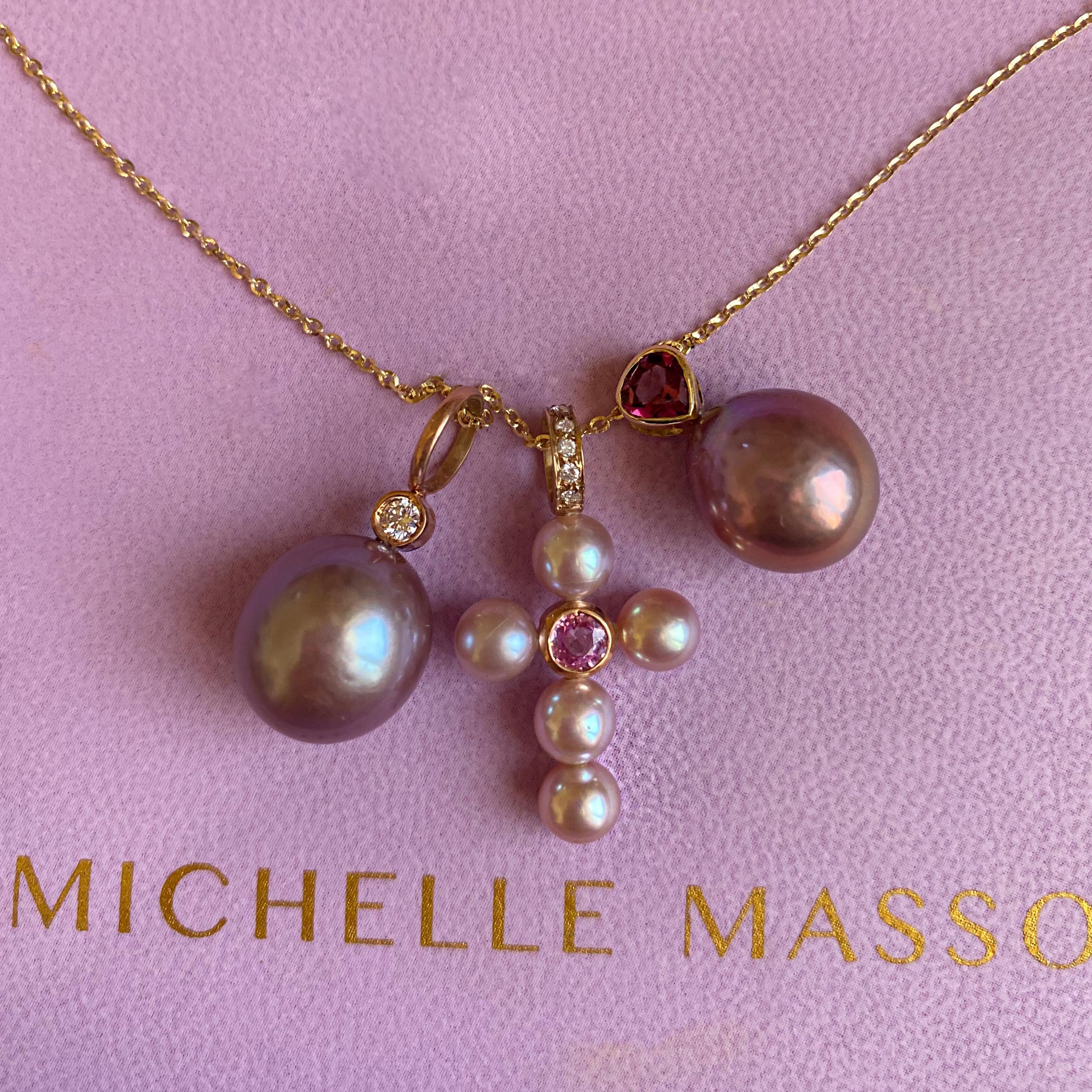 Pink Sapphire and Diamonds Pink Pearl Cross Charm, 18K Gold In New Condition For Sale In Nicosia, CY