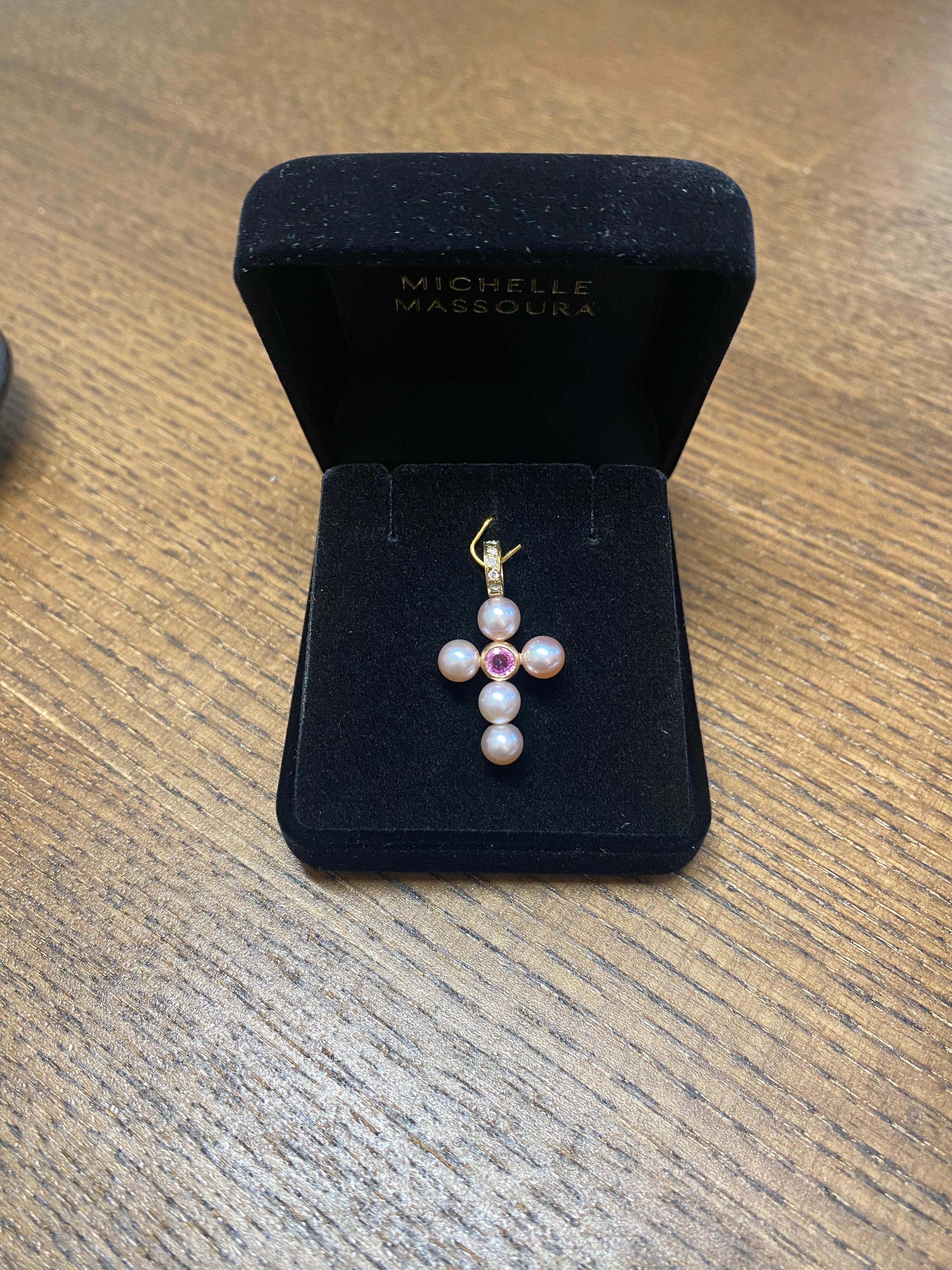 Women's or Men's Pink Sapphire and Diamonds Pink Pearl Cross Charm, 18K Gold For Sale