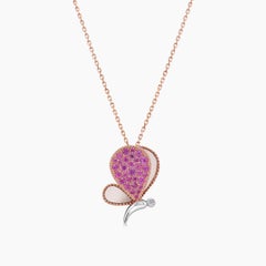 Pink Sapphire & Pearl Diamonds Butterfly Sweet 18K Rose Gold Pendant Necklace