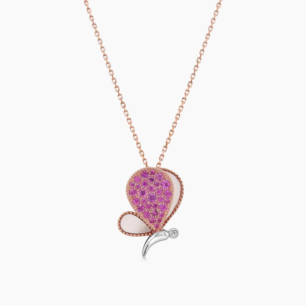 Pink Sapphire & Perlen Diamanten Schmetterling Sweet 18K Rose Gold Anhänger Halskette im Zustand „Neu“ im Angebot in Oakton, VA