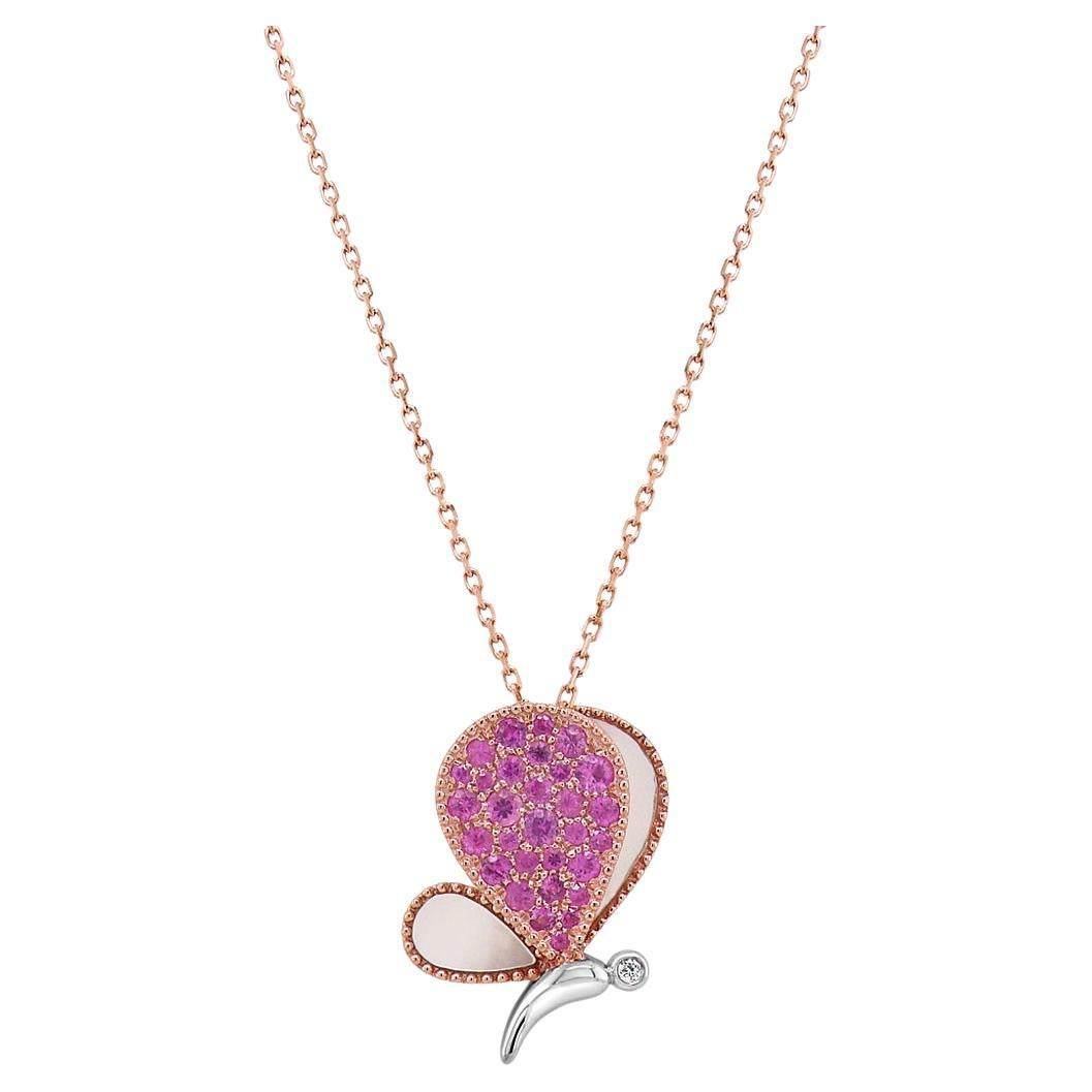 Pink Sapphire & Perlen Diamanten Schmetterling Sweet 18K Rose Gold Anhänger Halskette im Angebot