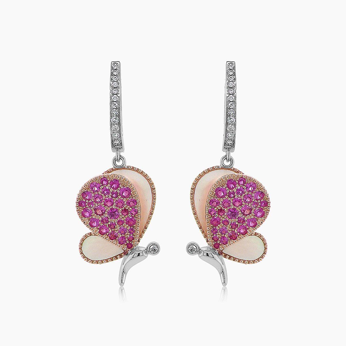 Mixed Cut Pink Sapphire & Pearl Diamonds Butterfly Sweet 18K White Gold Clip Earrings For Sale
