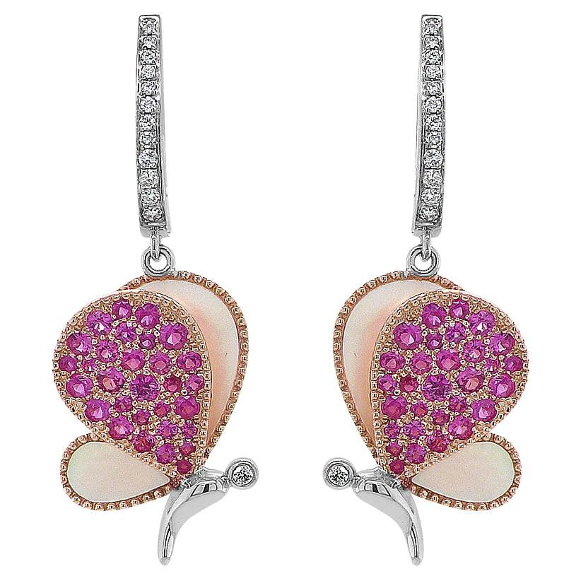 Pink Sapphire & Perlen Diamanten Schmetterling Sweet 18K Weißgold Clip-Ohrringe