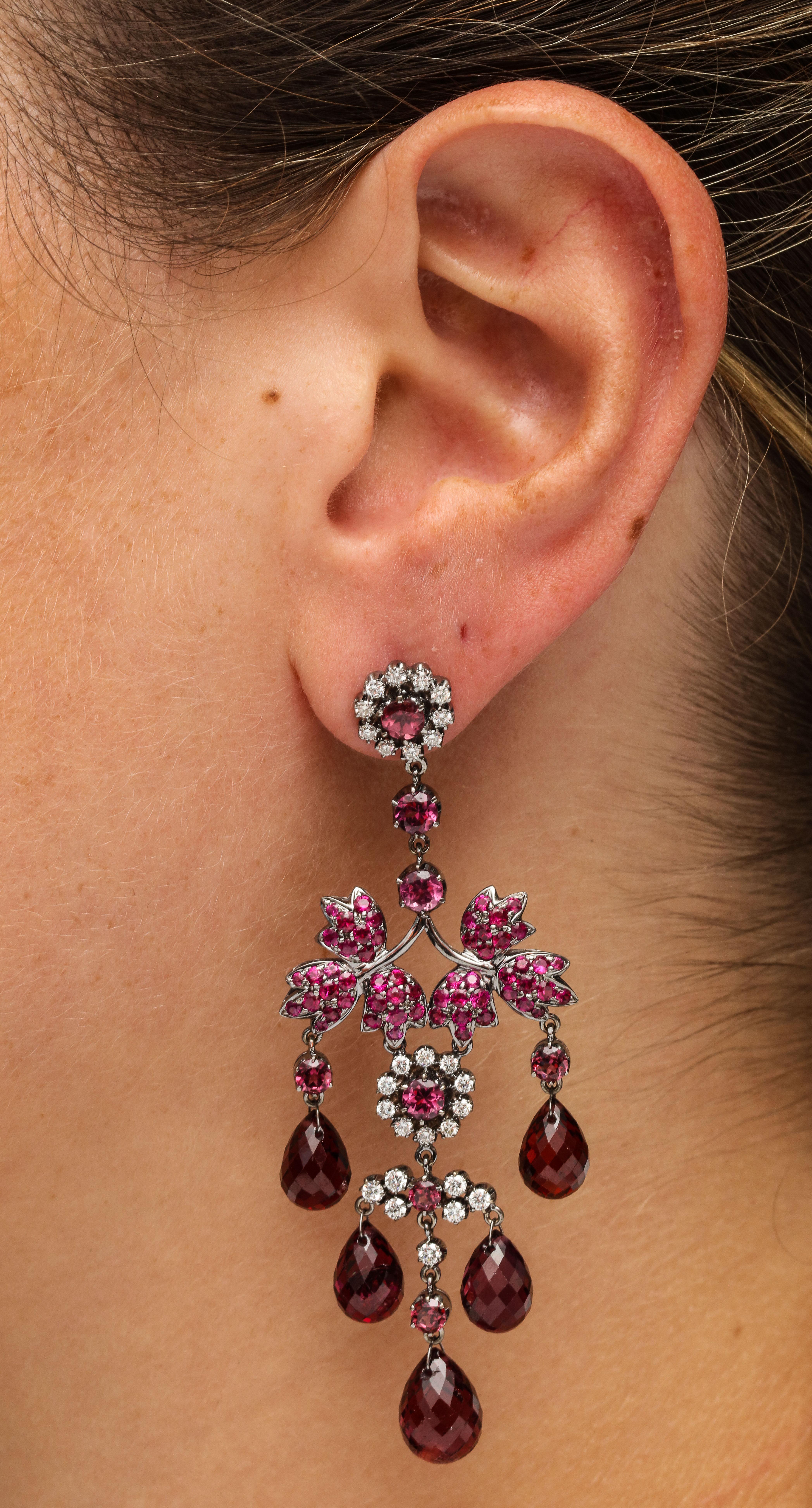 Pink Sapphire, Pink Tourmaline Briolette, Diamond Chandelier Earring In New Condition For Sale In New York, NY