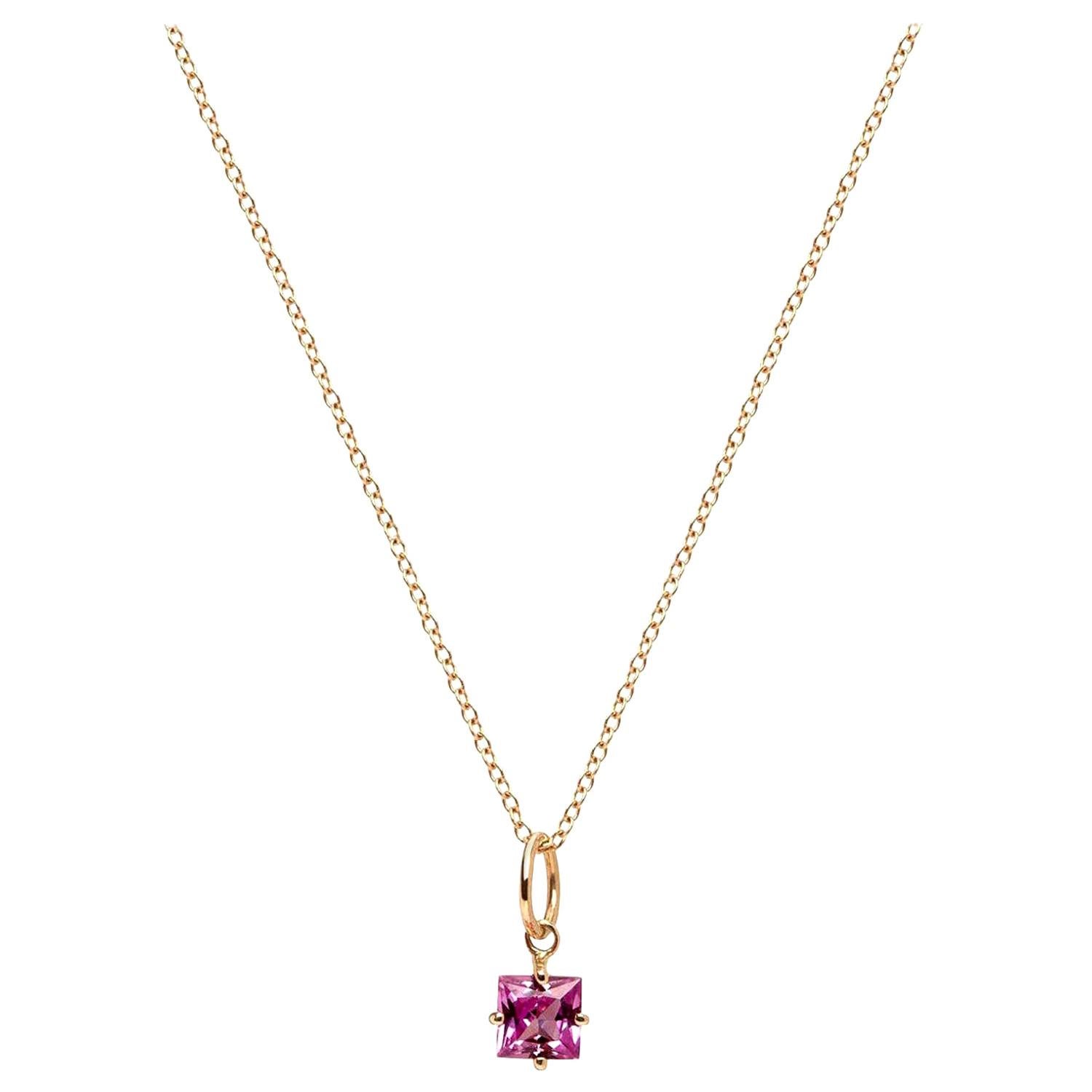 Pink Sapphire Princess Cut 0.40 Carat 14 Karat Gold Charm Pendant For Sale