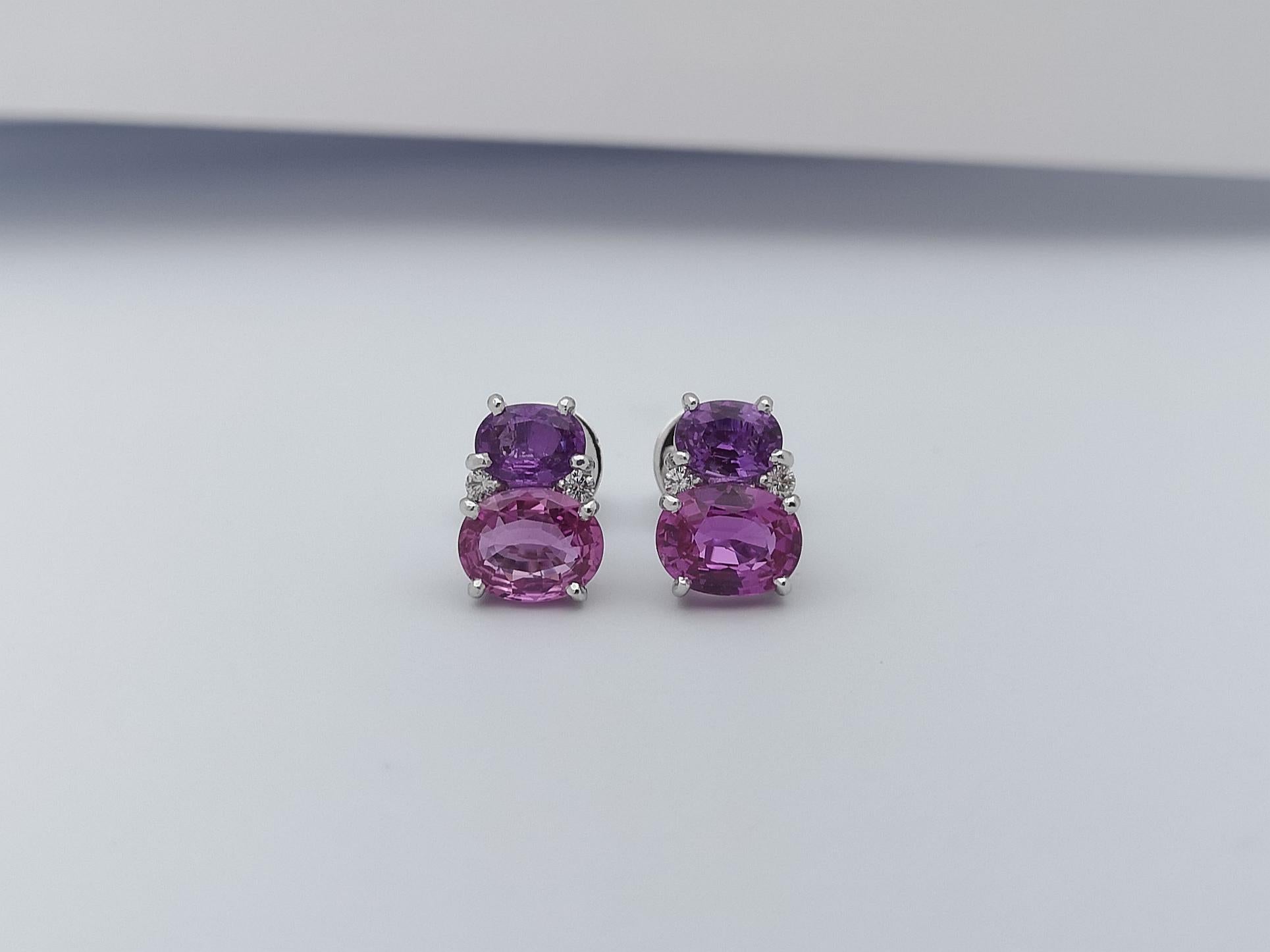 Contemporary Pink Sapphire, Purple Sapphire and Diamond Earrings Set in 18 Karat White Gold For Sale