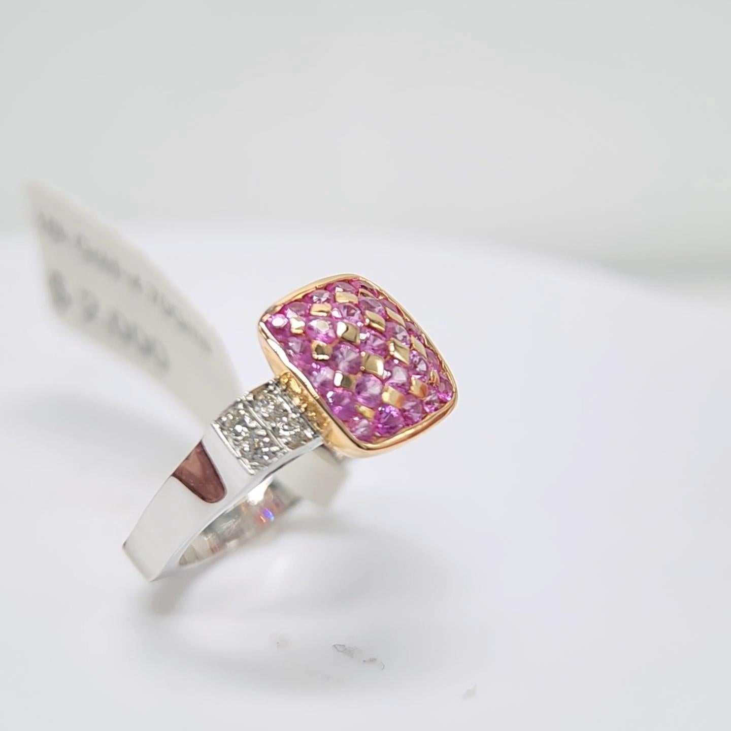Pink Sapphire Ring 18 Karat White Gold and Pink Gold with Diamonds For Sale 3