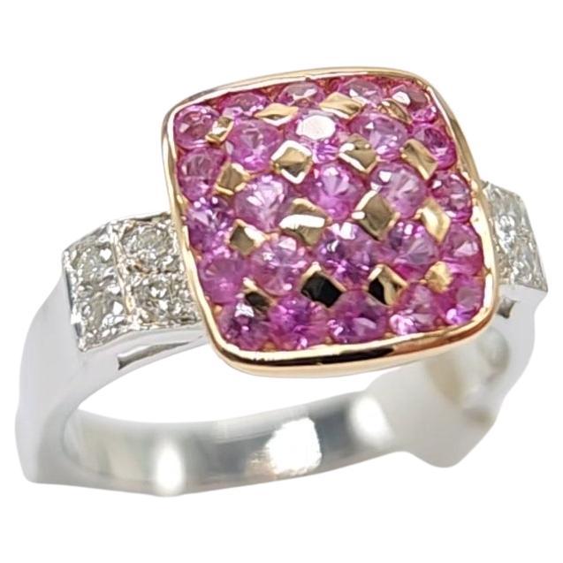 Round Cut Pink Sapphire Ring 18 Karat White Gold and Pink Gold with Diamonds For Sale