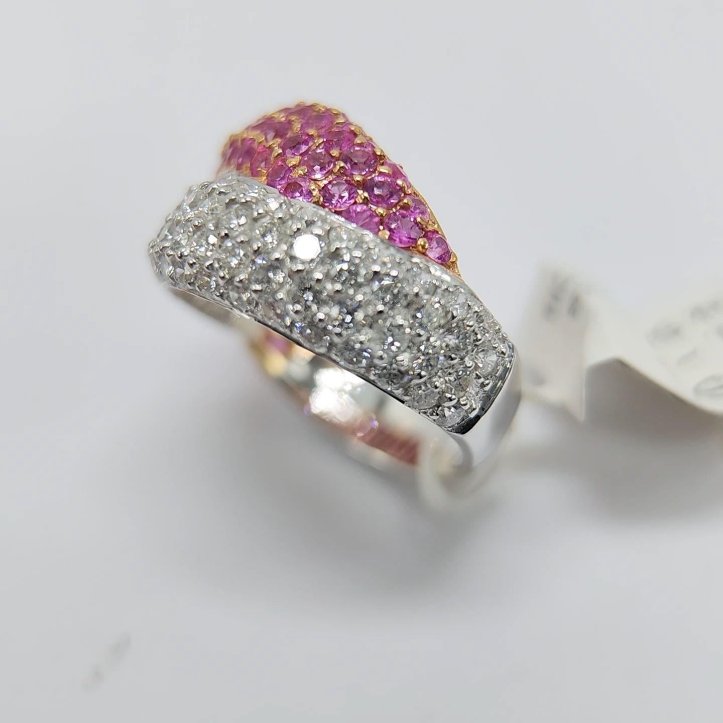 Pink Sapphire Ring 18 Karat White Gold and Yellow Gold with Diamonds For Sale 7