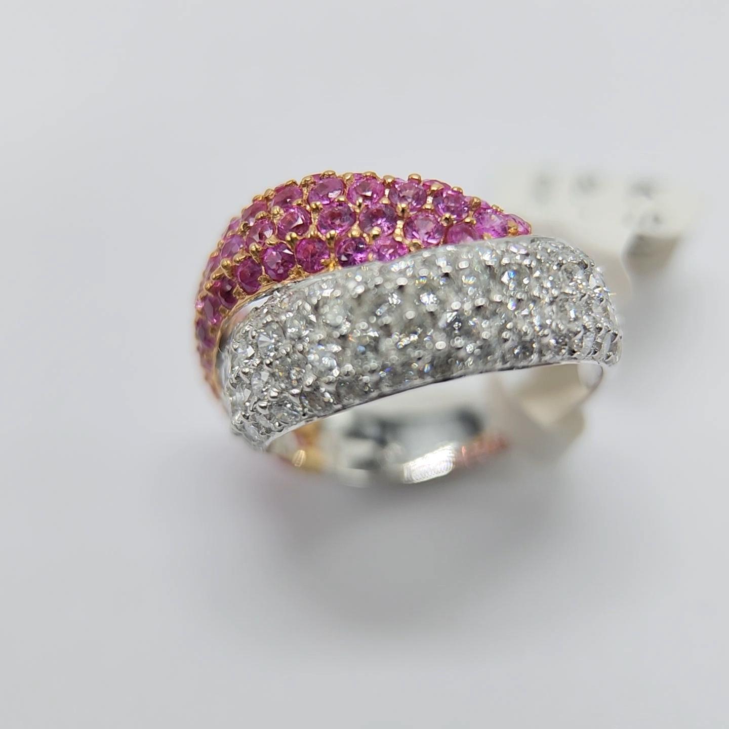 Pink Sapphire Ring 18 Karat White Gold and Yellow Gold with Diamonds For Sale 8