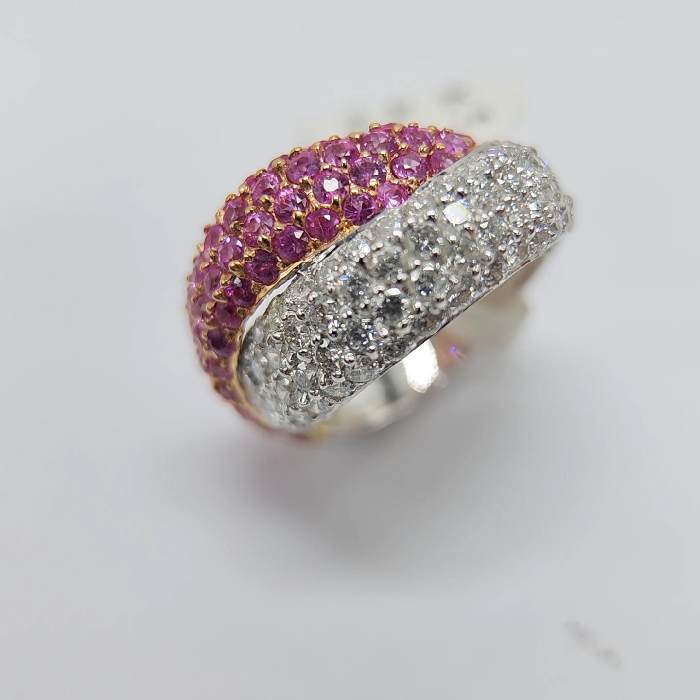 Pink Sapphire Ring 18 Karat White Gold and Yellow Gold with Diamonds For Sale 10