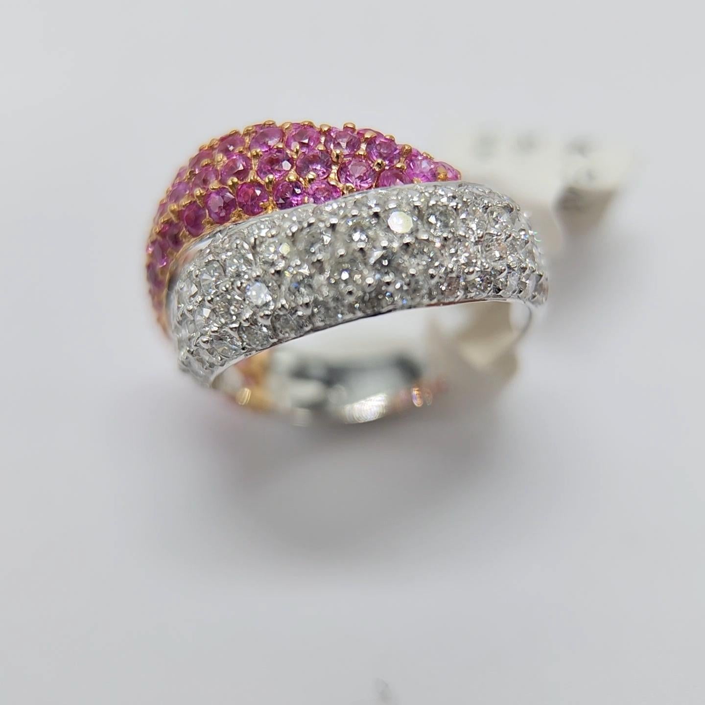 Pink Sapphire Ring 18 Karat White Gold and Yellow Gold with Diamonds For Sale 13