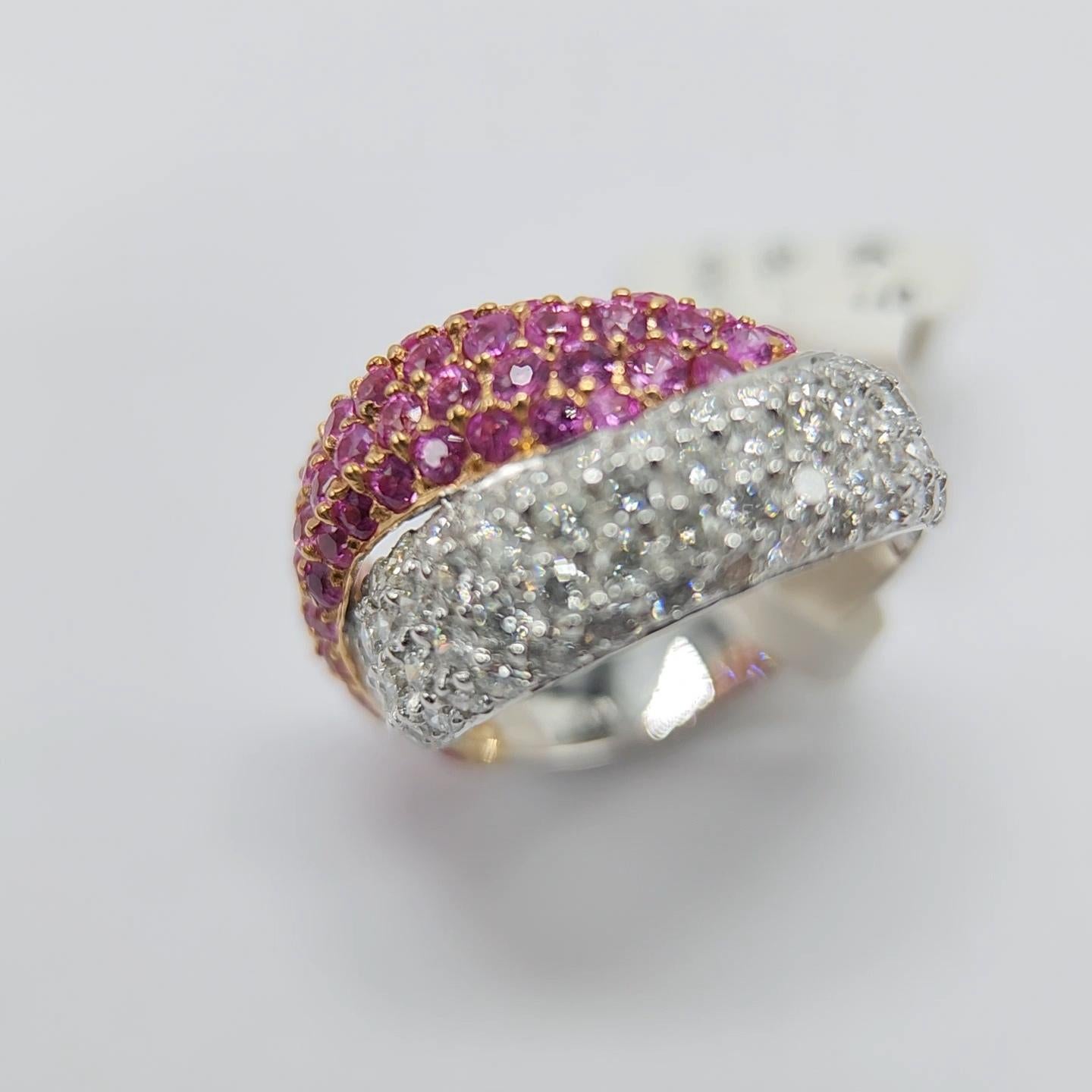 Women's Pink Sapphire Ring 18 Karat White Gold and Yellow Gold with Diamonds For Sale