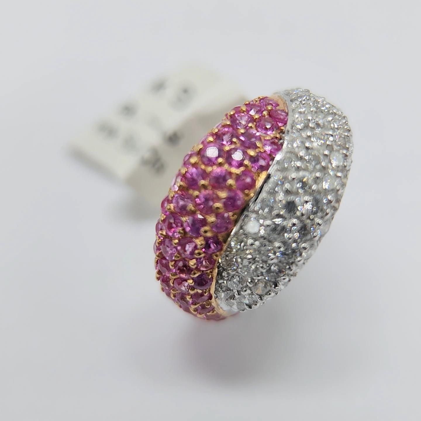 Pink Sapphire Ring 18 Karat White Gold and Yellow Gold with Diamonds For Sale 1