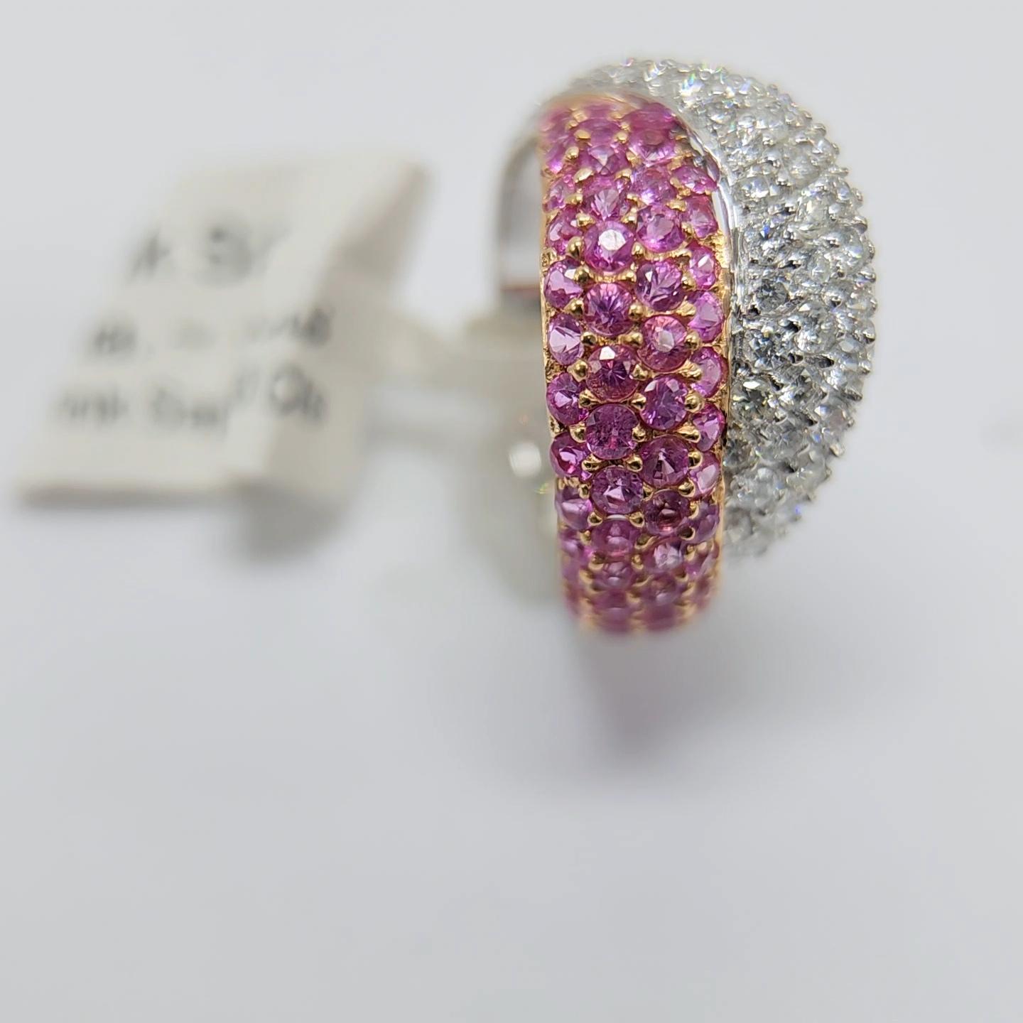 Pink Sapphire Ring 18 Karat White Gold and Yellow Gold with Diamonds For Sale 2