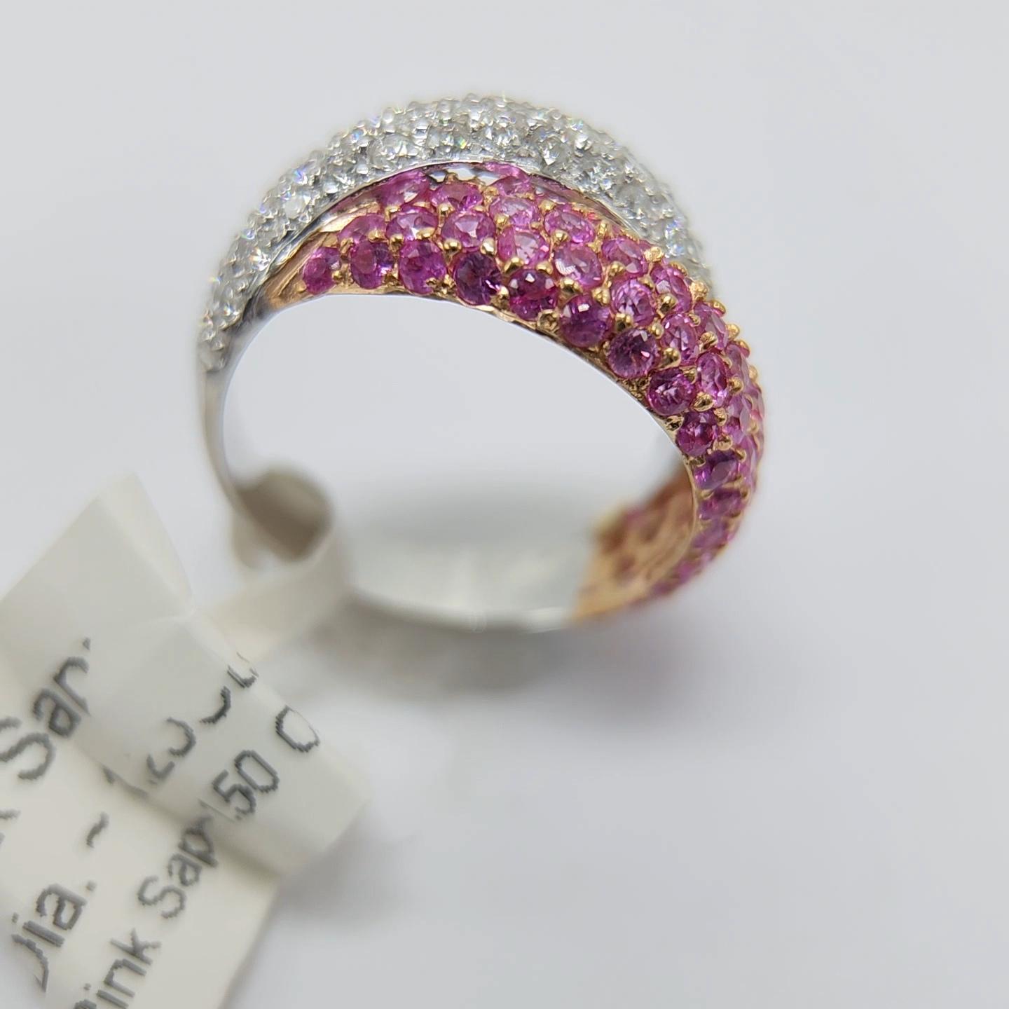 Pink Sapphire Ring 18 Karat White Gold and Yellow Gold with Diamonds For Sale 3
