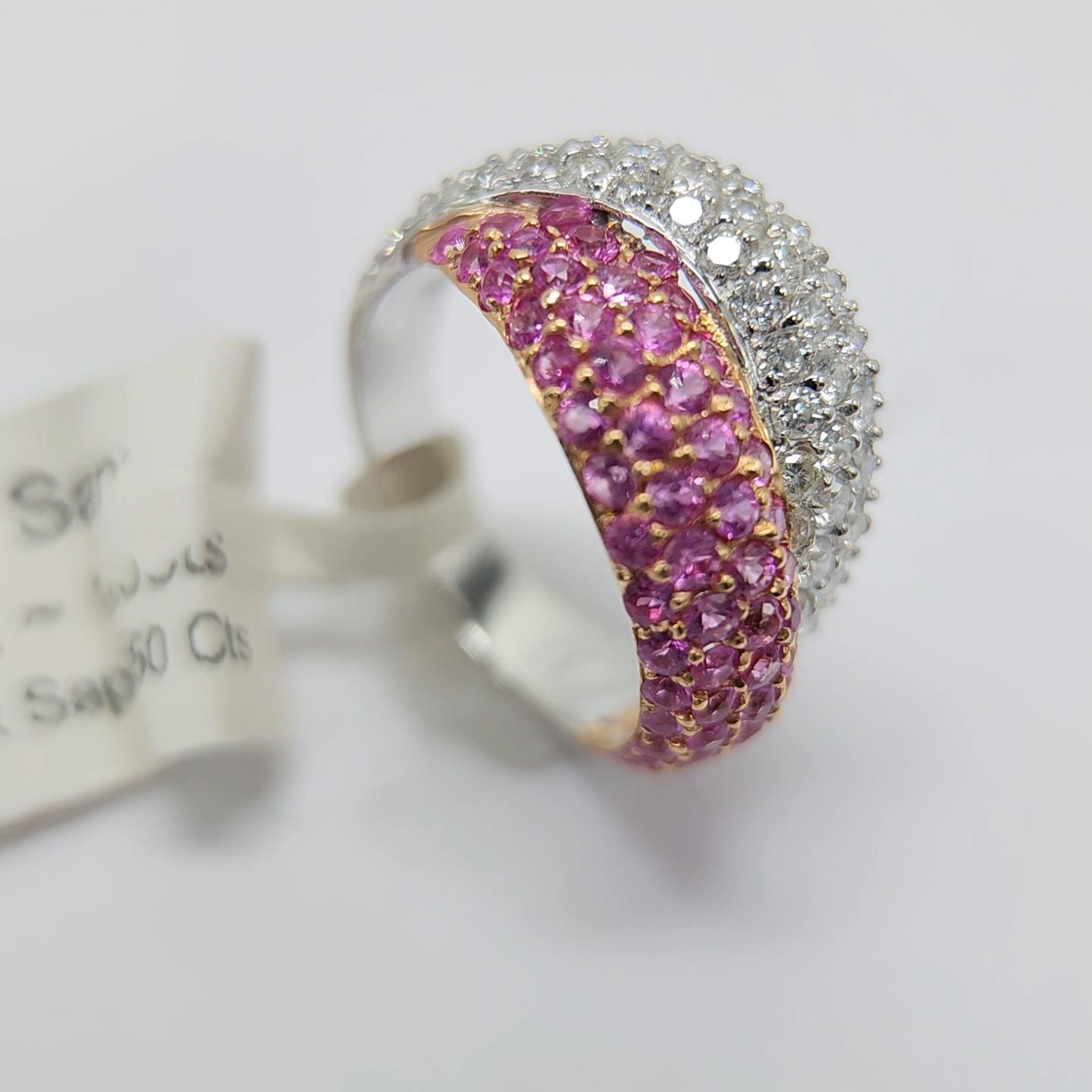 Pink Sapphire Ring 18 Karat White Gold and Yellow Gold with Diamonds For Sale 4