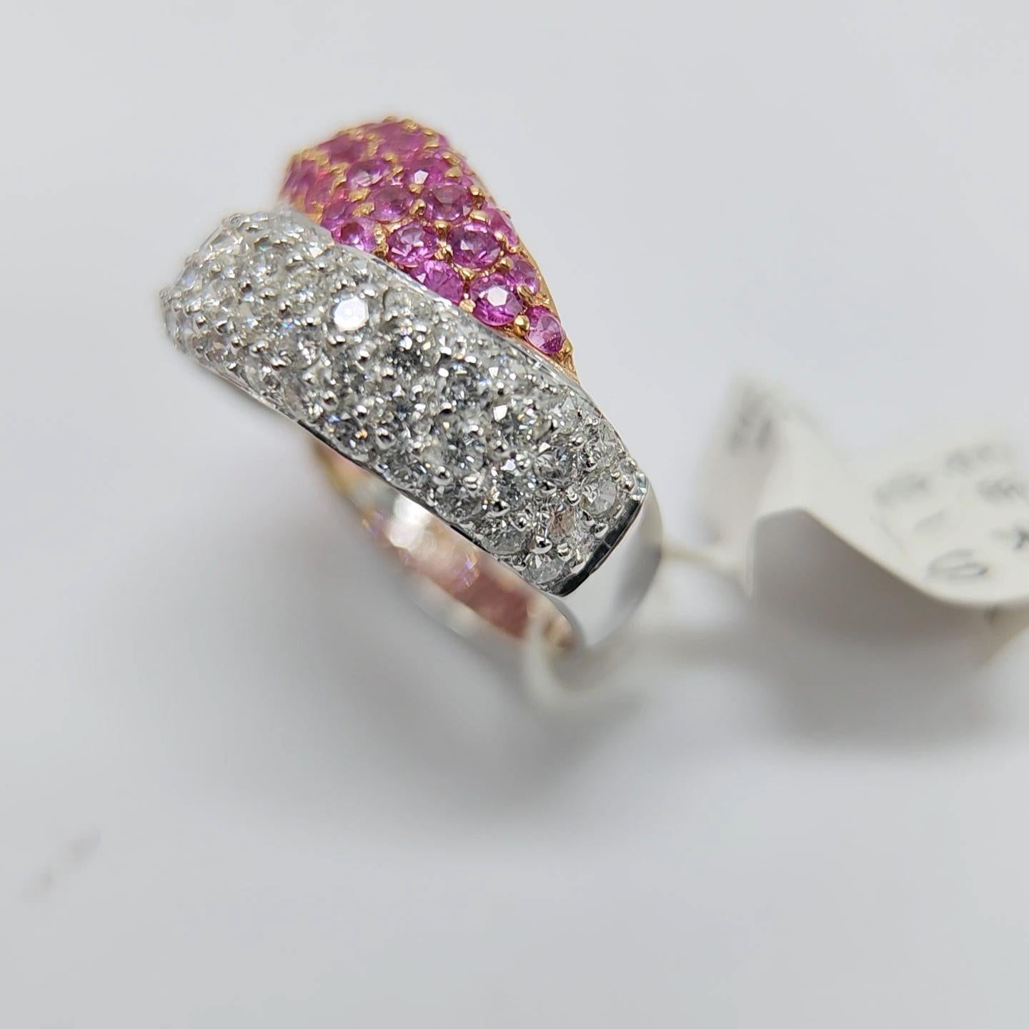 Pink Sapphire Ring 18 Karat White Gold and Yellow Gold with Diamonds For Sale 6