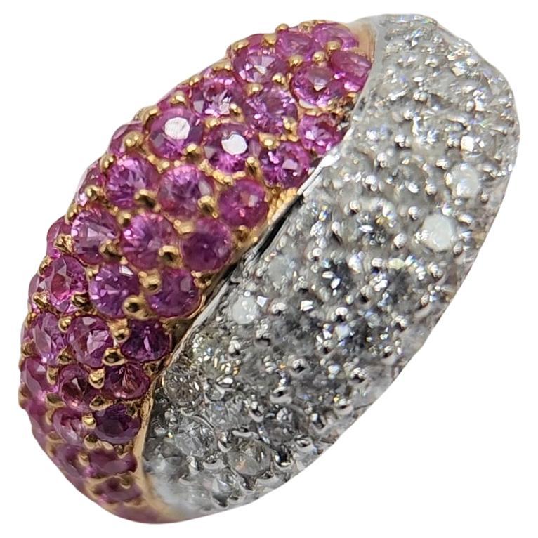 Round Cut Pink Sapphire Ring 18 Karat White Gold and Yellow Gold with Diamonds For Sale