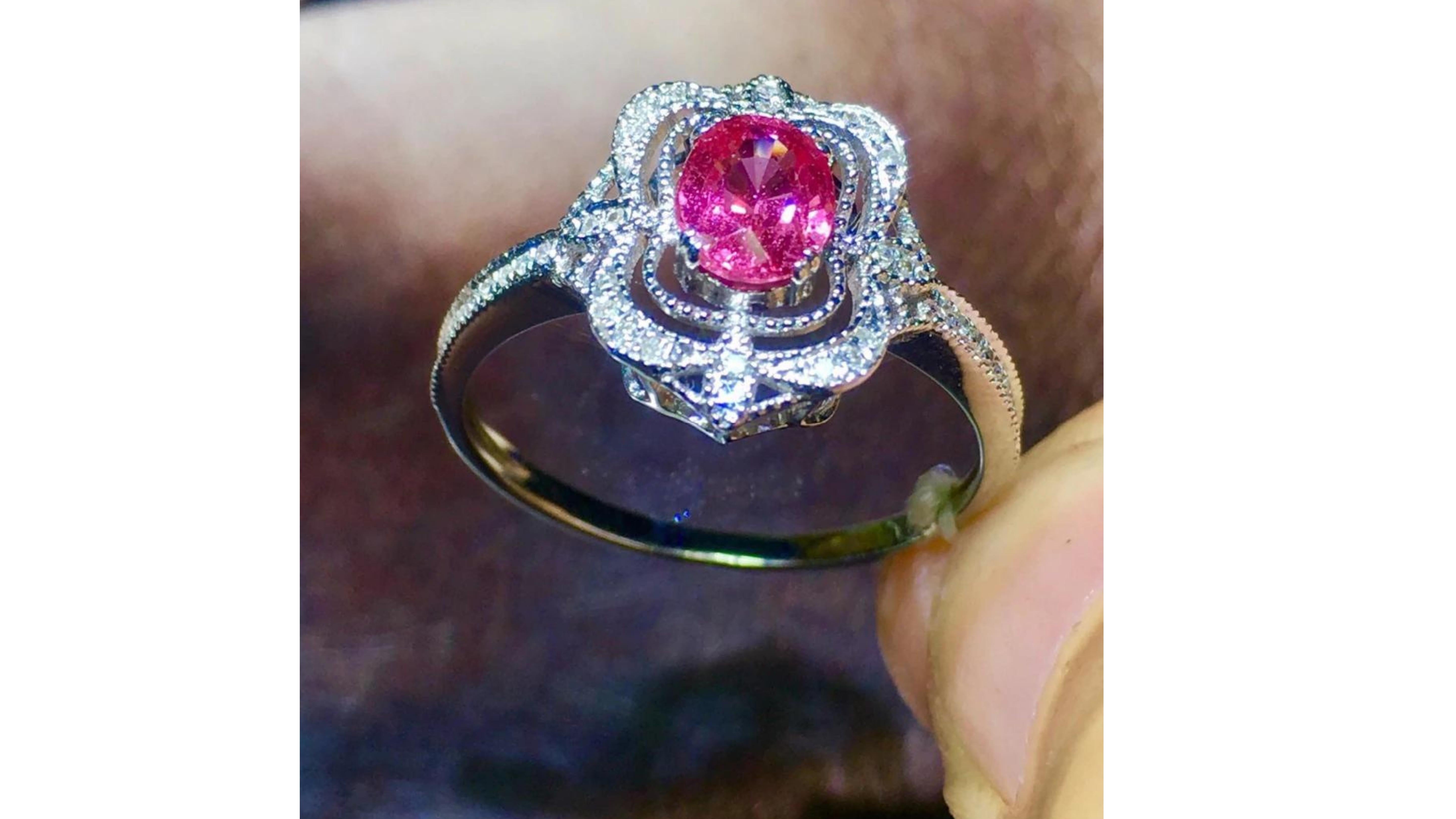 Oval Cut Pink Sapphire Ring 18 Karat White Gold For Sale