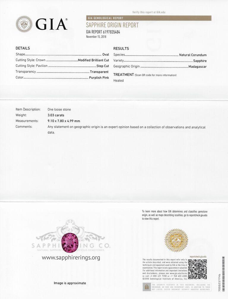 New platinum 950 rings set with oval cut natural Madagascar pink sapphire, measuring 9.10 x 7.80 x 4.99 mm with a carat weight of 3.03 ct. Type II, light, moderately strong red color GIA R 3/4. set with 28 round brilliant cut diamonds at 0.55 ct's &