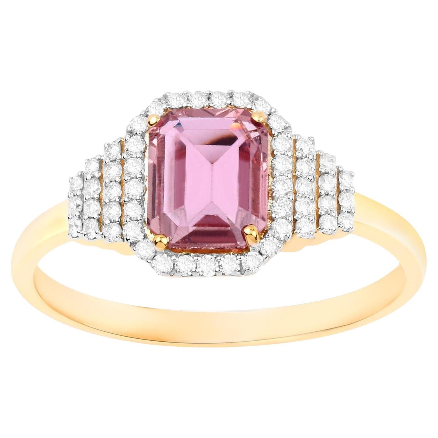 Pink Sapphire Ring Diamonds 1.32 Carats 14K Yellow Gold For Sale