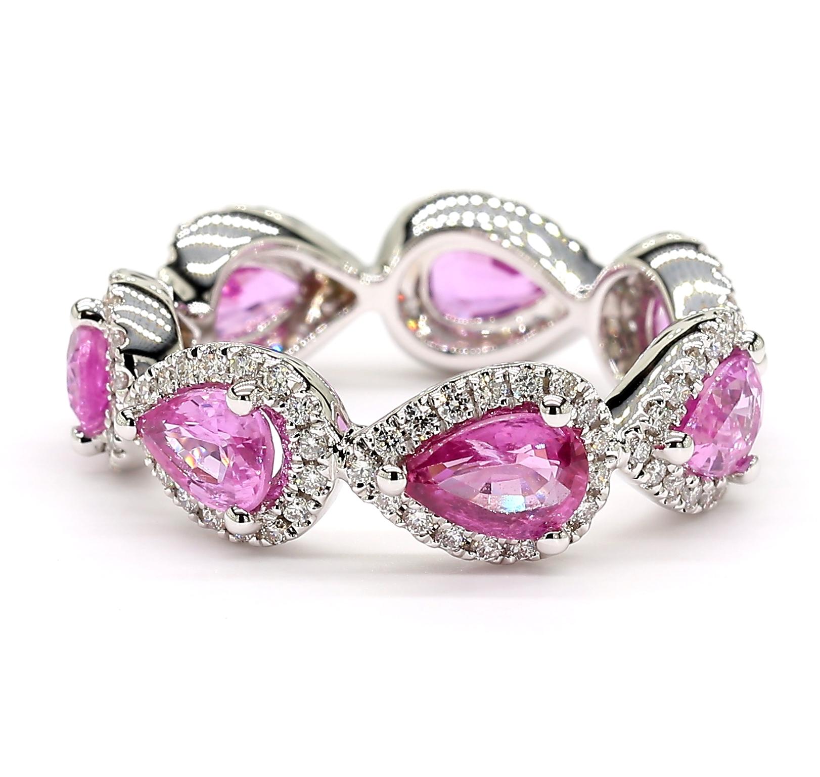 Pear Cut 4.16 Carats Total Pink Sapphire Eternity Ring With Diamond Halo 18K White Gold For Sale