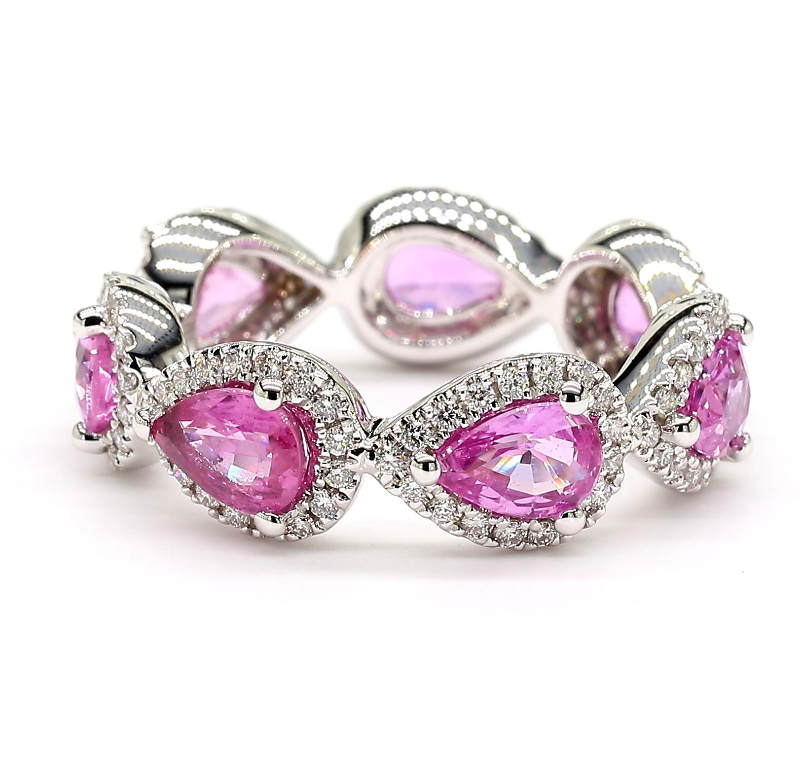 4.16 Carats Total Pink Sapphire Eternity Ring With Diamond Halo 18K White Gold In New Condition For Sale In New York, NY